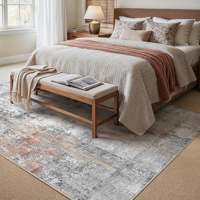 9x12 Washable Area Rug Grey Rust Abstract Living Room Bedroom Carpet Neutral Modern Non-Slip Soft Low Pile Lightweight Vacuumable Large Throw Rug for Dining Room