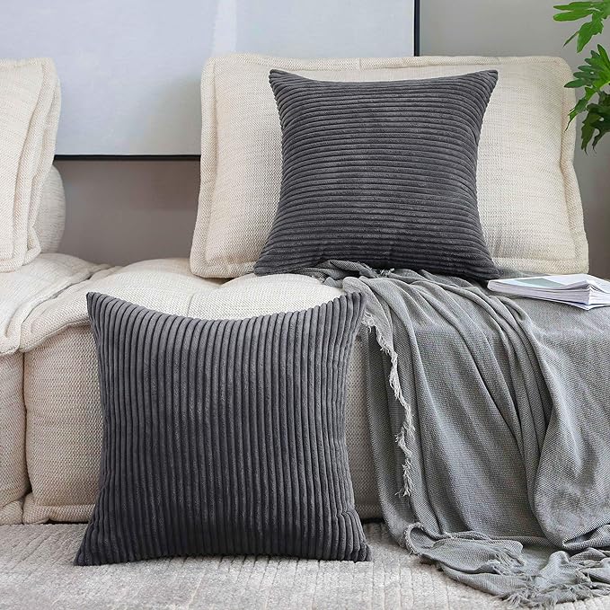 Home Brilliant 2 Pack Super Soft Striped Corduroy 26x26 Pillow Covers Decorative Euro Throw Pillow Sham Cushion Covers for Couch, 26 x 26 inch, Dark Grey