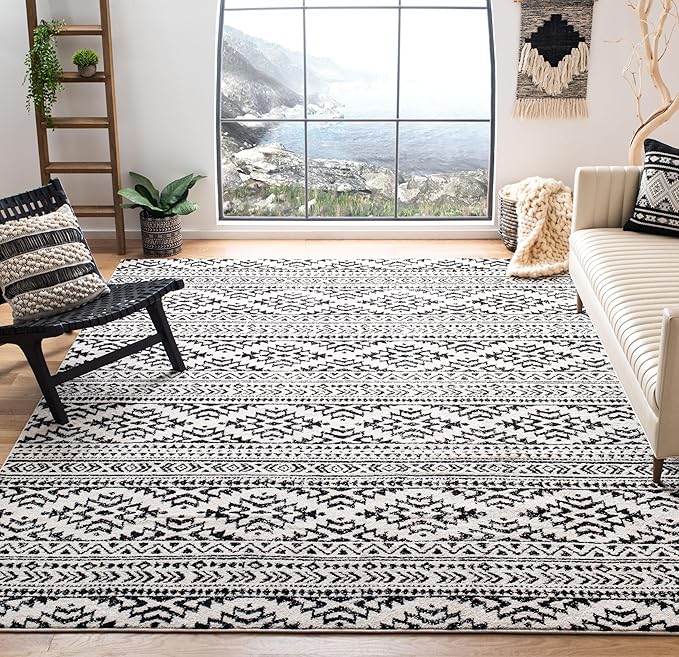 SAFAVIEH Area Rug 8x10 - Tulum Collection - Large - Ivory & Black, Moroccan Boho Tribal Design, Non-Shedding & Easy to Clean, Ideal for Living Room, Bedroom, Dining Space (TUL272B)