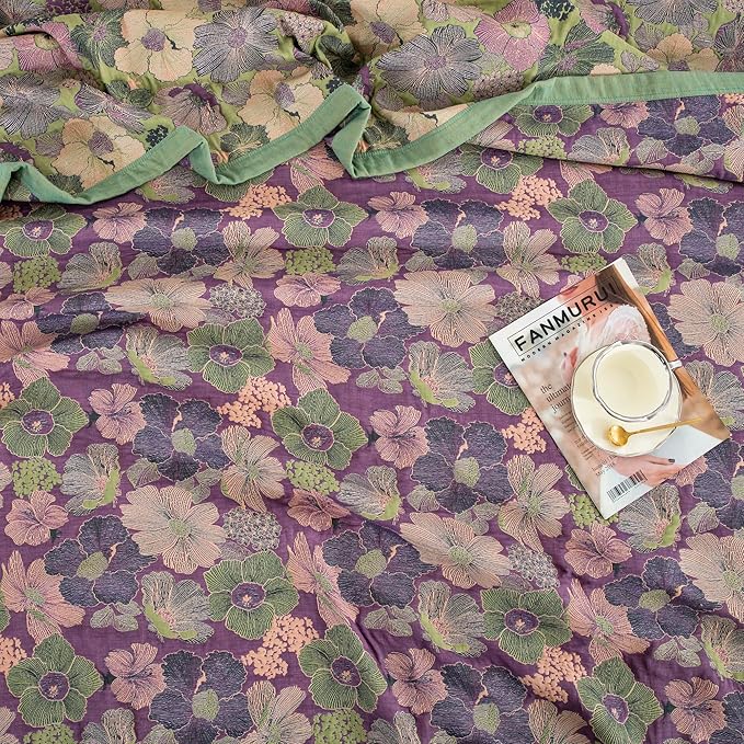 100% Cotton Muslin Jacquard 3 Piece Quilt Set Floral Peach Blossom Print, Soft 3 Layers Gauze Bed Cover Reversible Bedspread Coverlet Breathable Lightweight Bedding Set, Queen
