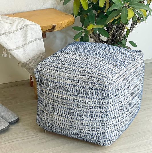 Chardin home UNSTUFFED Ottoman, Cozy & Bohemian Pouf Covers, Hand Crafted Casual Seating, Footrest, Square Floor Pillow for Home, Office, Bedroom, Living Room, 16.5" x 16.5"x 12.9", Blue-Off White