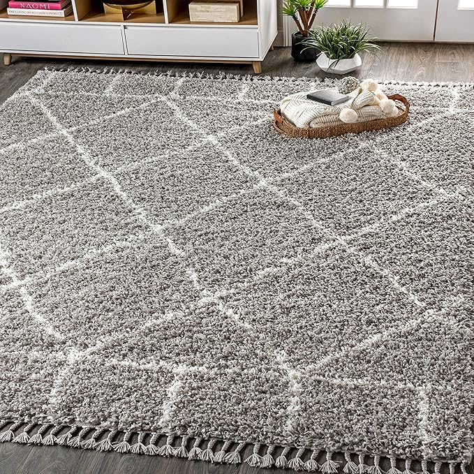 JONATHAN Y Mercer Shag Plush Tassel Gray/Ivory Indoor Area Rug, 3x5, Moroccan Geometric Trellis, Easy-Cleaning for Living Room, Bedroom, Kitchen, Pet Friendly, Non-Shedding (MCR101C-3)