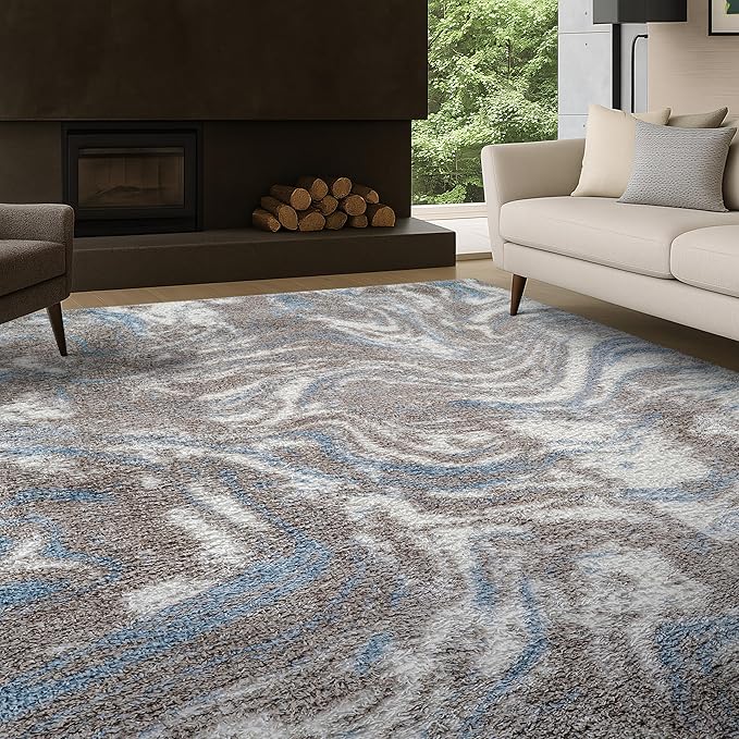 Rugshop Abstract Marble Shag Area Rug Blue 5' x 7' Great for Bedrooms, Living Rooms, or Under Coffee Tables