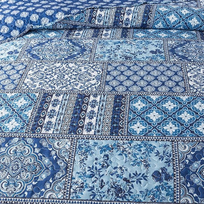 HoneiLife King Quilt Bedding Set - 3 Pieces Rustic Quilt Sets Microfiber Bedspreads Floral Coverlets Retro Bed Cover All Season Quilts-Blue