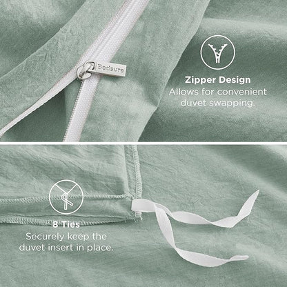 Bedsure 100% Washed Cotton Duvet Cover King Size - Sage Green Minimalist Cotton Duvet Cover Linen Like for All Seasons - GentleSoft™ Plain Simple Bedding (Sage Green, King, 104"x90")
