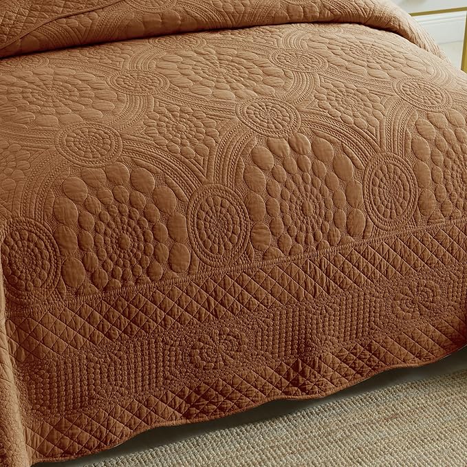 MarCielo 3-Piece 100% Cotton Oversized Bedspread Lightweight Quilt Coverlet Embroidery Farmhouse Bedding Set (Tf Dusty Orange, Oversized King (118"x106"))