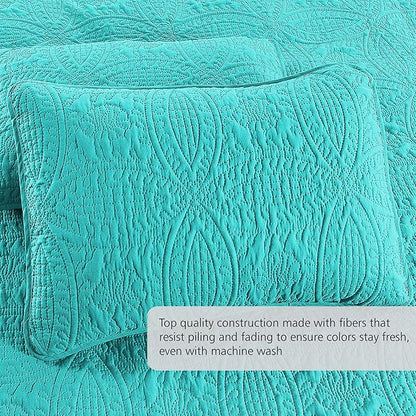 Pure Bedding Quilt Set King/Cal King/California King Size Aqua - Oversized Bedspread - Soft Microfiber Lightweight Coverlet for All Season - 3 Piece Includes 1 Quilt and 2 Shams, Geometric Pattern