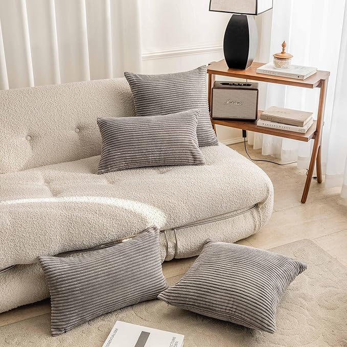 Home Brilliant Set of 2 Plush Velvet Corduroy Striped 12x20 Lumbar Pillow Covers Rectangular Throw Pillow Cover Pillow Case Cushion Cover, 12 x 20 inch, Ash Grey