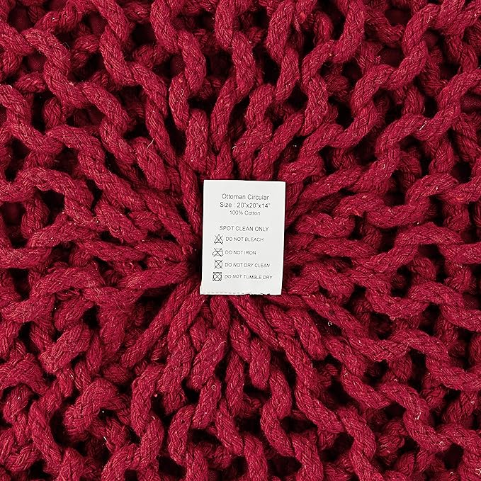 REDEARTH · Round Pouf Ottoman - Hand Knitted Cable Boho Poof - Foot Stool Bean Bag - Home Décor Stuffed Footrest for Living Room - Nursery - Bedroom - 100% Cotton Poufs (19.5"x19.5"x14") - Red