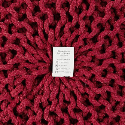 REDEARTH · Round Pouf Ottoman - Hand Knitted Cable Boho Poof - Foot Stool Bean Bag - Home Décor Stuffed Footrest for Living Room - Nursery - Bedroom - 100% Cotton Poufs (19.5"x19.5"x14") - Red