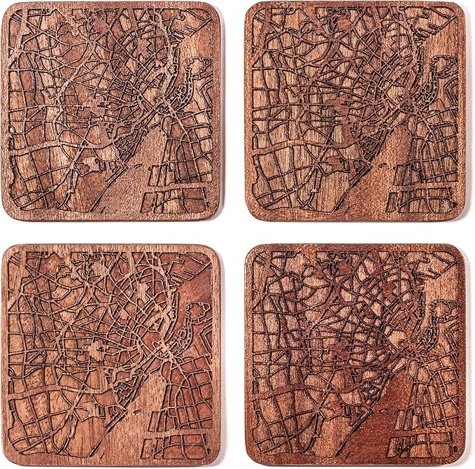 Copenhagen Map Coaster by O3 Design Studio, Set Of 4, Sapele Wooden Coaster With City Map, Handmade