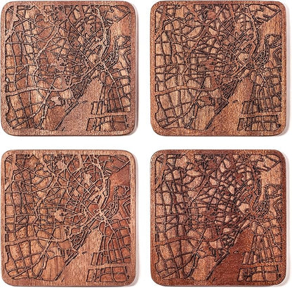 Copenhagen Map Coaster by O3 Design Studio, Set Of 4, Sapele Wooden Coaster With City Map, Handmade
