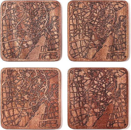 Copenhagen Map Coaster by O3 Design Studio, Set Of 4, Sapele Wooden Coaster With City Map, Handmade