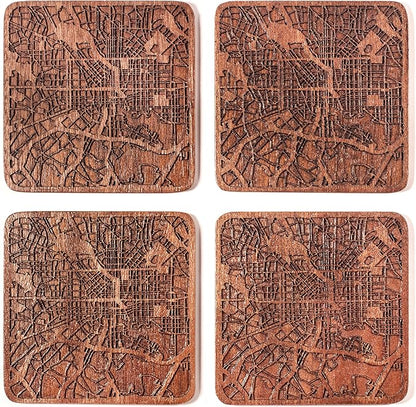 Baltimore Map Coaster by O3 Design Studio, Set Of 4, Sapele Wooden Coaster With City Map, Handmade