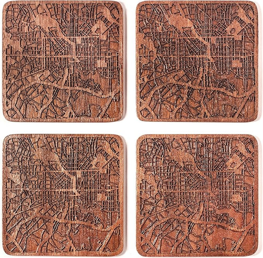Baltimore Map Coaster by O3 Design Studio, Set Of 4, Sapele Wooden Coaster With City Map, Handmade