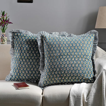 Ridhi Modern Farmhouse Pillow Covers Decorative Cotton Throw Pillow Covers Set of 2 Peacock Blue Cushion Covers with Ruffle for Couch Sofa Bed Living Room Spring Home Decor 20x20
