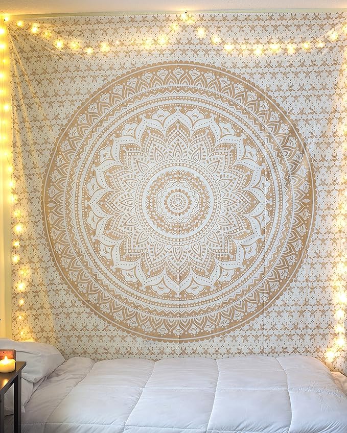 raajsee Gold Mandala Tapestry Bedroom Aesthetic - Indie Wall Tapestries Hippie Room Decor - Boho White Trippy Wall Hanging - Golden Mandalas Wall Art 52x82 inches