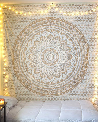 raajsee Gold Mandala Tapestry Bedroom Aesthetic - Indie Wall Tapestries Hippie Room Decor - Boho White Trippy Wall Hanging - Golden Mandalas Wall Art 52x82 inches