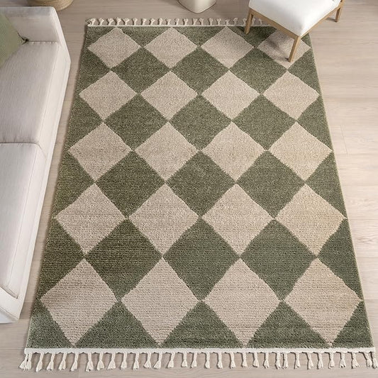 Nuloom Marissa Green/Ivory, 9' x 12', Diamond, Tassel, Soft and Cozy, High Traffic, Stain Resistant, Easy Clean, Durable Area Rug for Bedroom, Living Room, Dining Space, Den, Foyer, Entryway