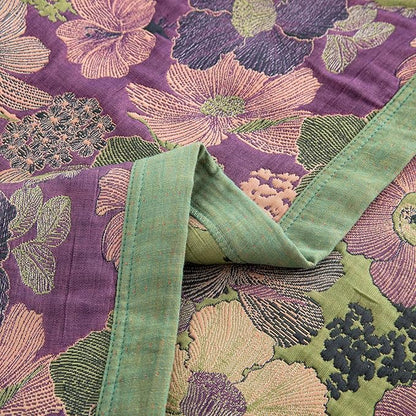 100% Cotton Muslin Jacquard 3 Piece Quilt Set Floral Peach Blossom Print, Soft 3 Layers Gauze Bed Cover Reversible Bedspread Coverlet Breathable Lightweight Bedding Set, King