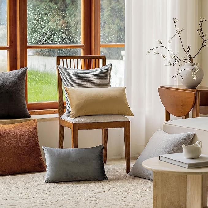Home Brilliant Set of 2 Decorative Pillows Covers for Couch Striped Velvet Sofa Pillows Cover 40x40cm, 16 x 16 Inch, Light Grey