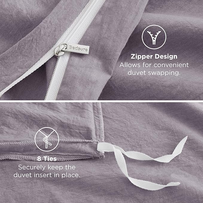 Bedsure 100% Washed Cotton Duvet Cover King Size - Lavender Minimalist Cotton Duvet Cover Linen Like for All Seasons - GentleSoft™ Plain Simple Bedding (Lavender, King, 104"x90")