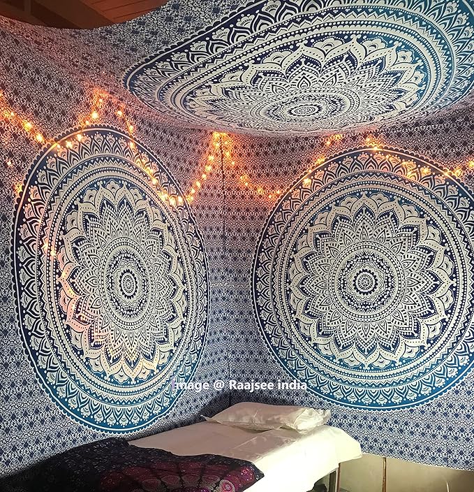raajsee Large Blue Ombre Mandala Tapestry Wall Hanging,Indian Cotton Beach Throw Blanket Hippie Bohemian Elephant Queen Boho Décor,Meditation Yoga Mat Rugs,82x92 inches