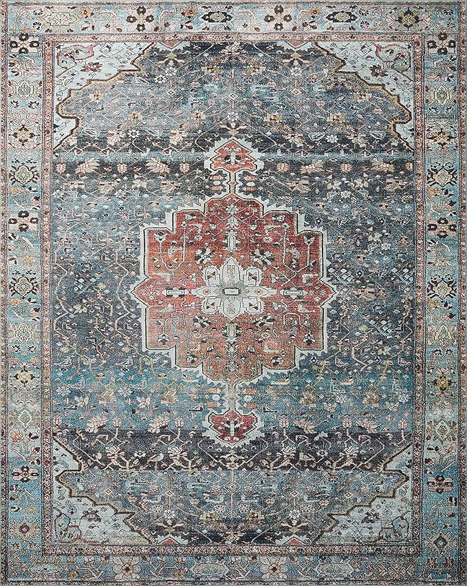 Loloi Margot Collection MAT-05 Ocean/Brick 3'-6" x 5'-6" Accent Rug feat. CloudPile, No-Shed Easy Clean Large Patterned Area Rug for Living Room, Bedroom, Dining Area