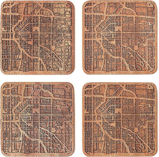 Denver Map Coaster by O3 Design Studio, Set Of 4, Sapele Wooden Coaster With City Map, Handmade
