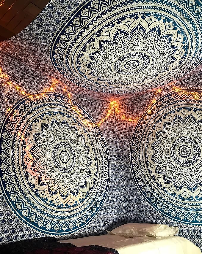 raajsee Large Blue Ombre Mandala Tapestry Wall Hanging,Indian Cotton Beach Throw Blanket Hippie Bohemian Elephant Queen Boho Décor,Meditation Yoga Mat Rugs,82x92 inches