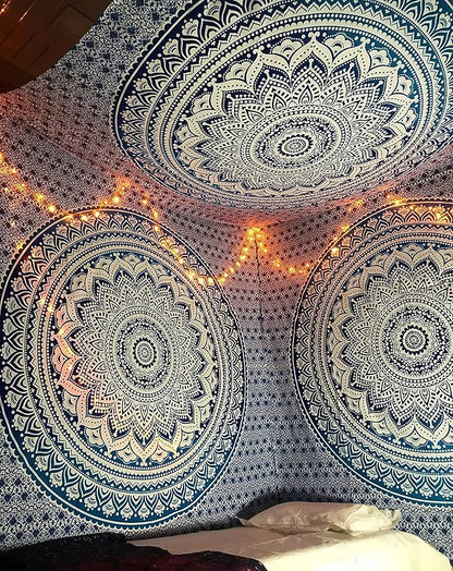 raajsee Large Blue Ombre Mandala Tapestry Wall Hanging,Indian Cotton Beach Throw Blanket Hippie Bohemian Elephant Queen Boho Décor,Meditation Yoga Mat Rugs,82x92 inches