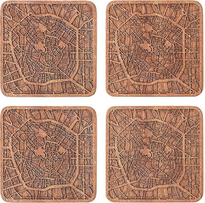 Milan Map Coaster by O3 Design Studio, Set Of 4, Sapele Wooden Coaster With City Map, Handmade
