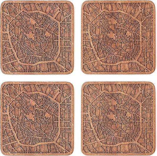 Milan Map Coaster by O3 Design Studio, Set Of 4, Sapele Wooden Coaster With City Map, Handmade