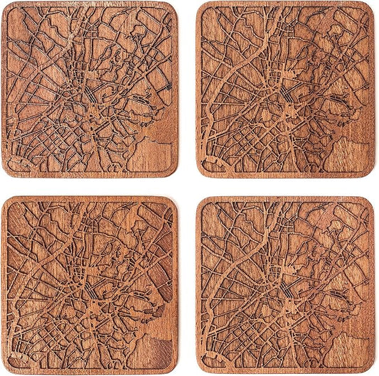 Athens Map Coaster by O3 Design Studio, Set Of 4, Sapele Wooden Coaster With City Map, Handmade