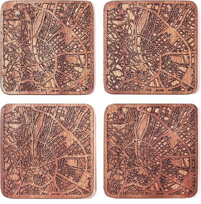 Budapest Map Coaster by O3 Design Studio, Set Of 4, Sapele Wooden Coaster With City Map, Handmade