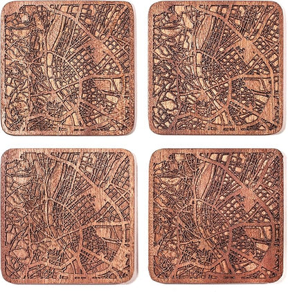 Budapest Map Coaster by O3 Design Studio, Set Of 4, Sapele Wooden Coaster With City Map, Handmade
