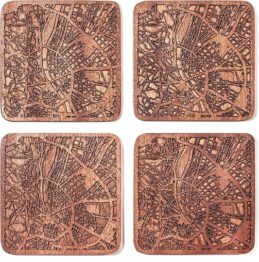 Budapest Map Coaster by O3 Design Studio, Set Of 4, Sapele Wooden Coaster With City Map, Handmade