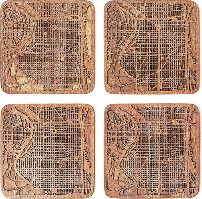 Philadelphia Map Coaster by O3 Design Studio, Set Of 4, Sapele Wooden Coaster With City Map, Handmade