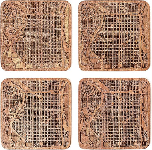 Philadelphia Map Coaster by O3 Design Studio, Set Of 4, Sapele Wooden Coaster With City Map, Handmade