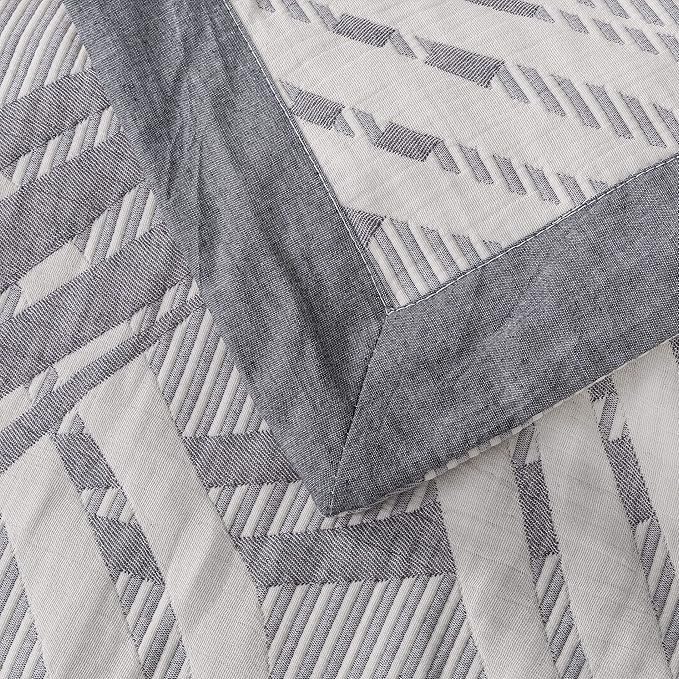 NTBAY 3 Layers Cotton Muslin 88x92 Queen Bed Blanket, Super Soft Breathable Thermal Yarn Dyed Quilt for Adults, Perfect Lightweight Blanket for Couch Sofa Bed All Seasons, Grey Wave