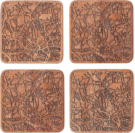 Hamburg Map Coaster by O3 Design Studio, Set Of 4, Sapele Wooden Coaster With City Map, Handmade