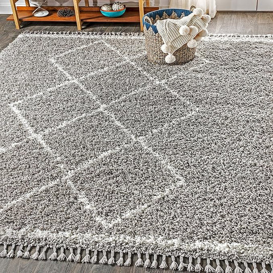 JONATHAN Y Mercer Shag Plush Tassel Gray/Cream Indoor Area Rug, 3x5, Moroccan Geometric Trellis, Bohemian, Easy-Cleaning for Living Room, Bedroom, Kitchen, Pet Friendly, Non-Shedding (MCR103C-3)