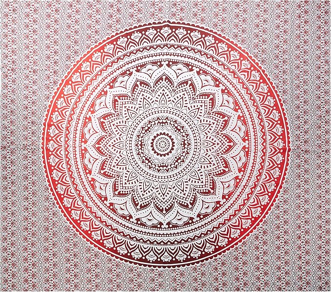 raajsee Red Mandala Ombre Tapestry Wall Hanging/Indian Cotton Boho Psychedelic Hippie Throw Tapestries//Elephant Wall Decor/Yoga Mat Beach Towel Blanket/A