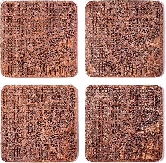 Detroit Map Coaster by O3 Design Studio, Set Of 4, Sapele Wooden Coaster With City Map, Handmade
