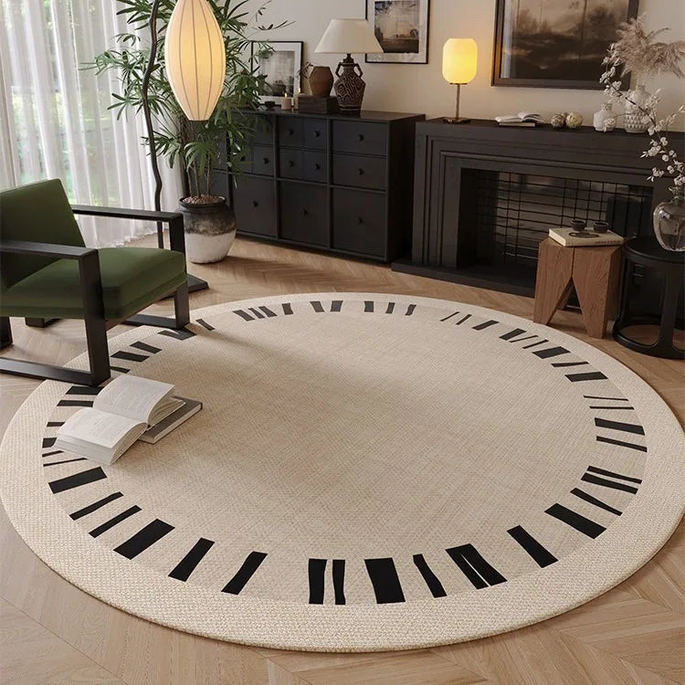 Modern Cream Round Rug with Abstract Black Lines Pattern Minimalist Carpet for Living Room Bedroom Home Decor Non-Slip Floor Mat