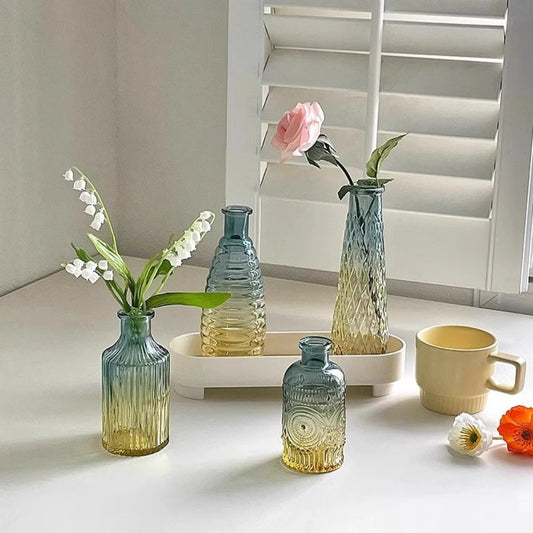 5PCS Vintage Gradient Glass Bud Vase Desktop Plant Holders Hydroponic Decorative French Relief Vase for Home Office Table Decor