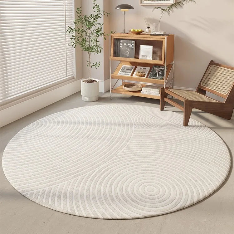 Modern Cream Round Rug with Abstract Black Lines Pattern Minimalist Carpet for Living Room Bedroom Home Decor Non-Slip Floor Mat