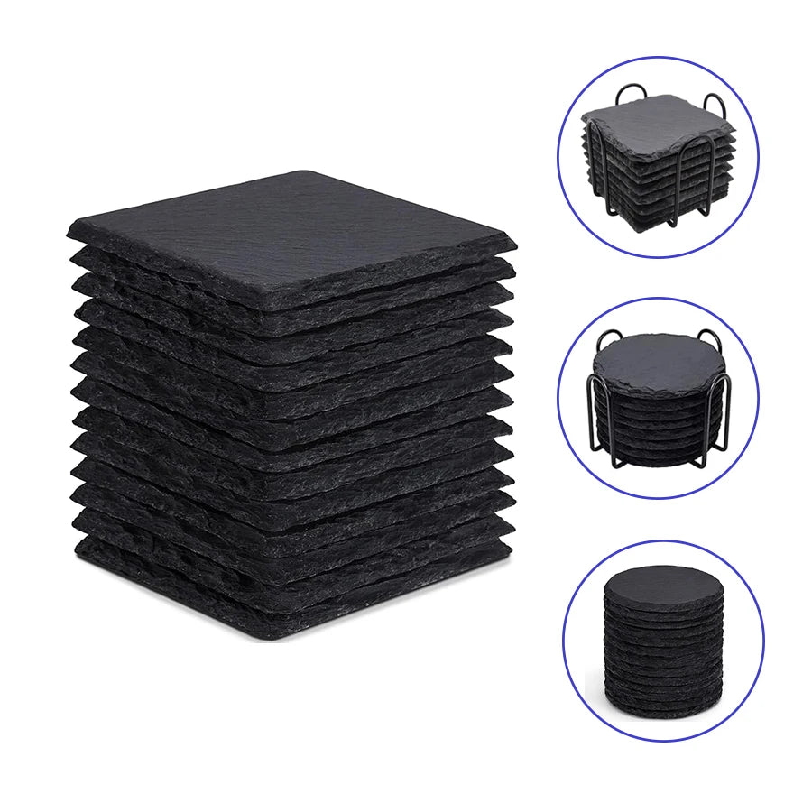 Natural Slate Coasters, Slate Drink Coasters, Square Drink Coasters, Round Black Stone Coasters, for Home, Cafe Decor.