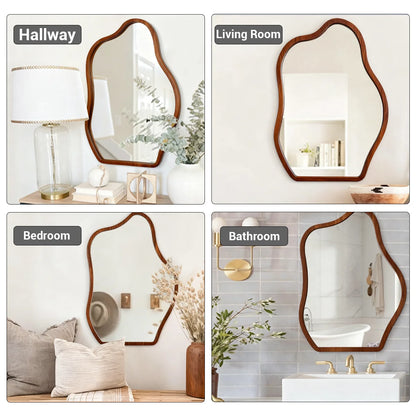 Irregular Wall Mirror Wavy Wooden Framed Modern Bohemian Decorative Mirror for Bathroom Bedroom Living Room Entryway