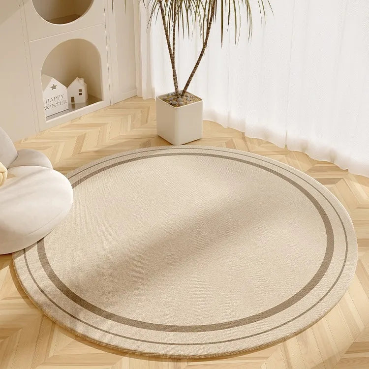 Modern Cream Round Rug with Abstract Black Lines Pattern Minimalist Carpet for Living Room Bedroom Home Decor Non-Slip Floor Mat